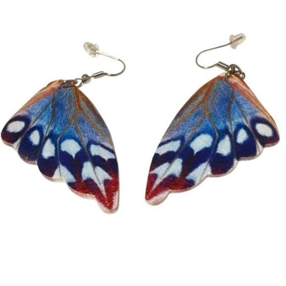 Blue & Red Butterfly Wing Earrings - Picture 4 of 4